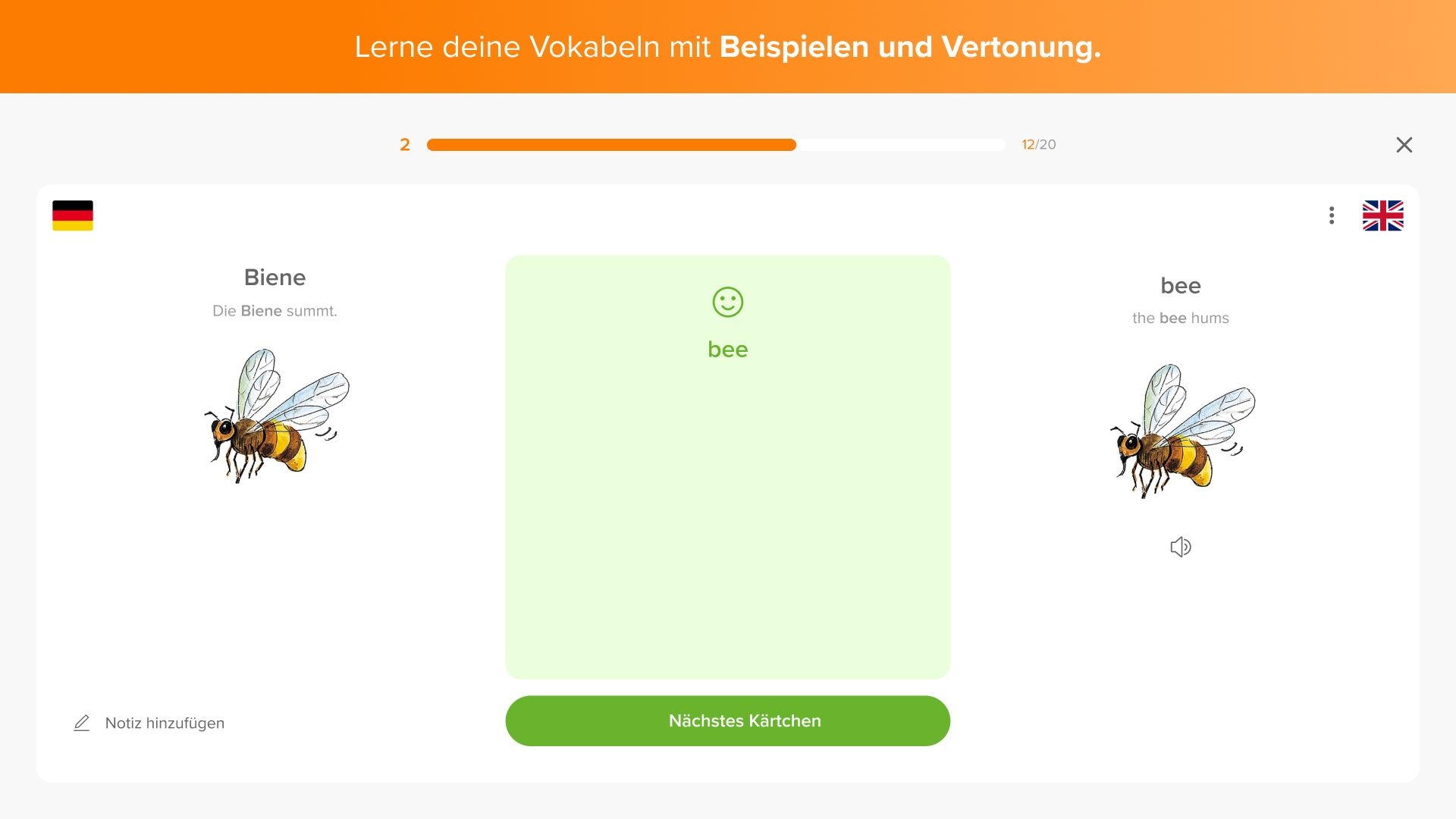 Ein Screenshot von phase6. Zu sehen ist eine Vokabelabfrage. Links ist die deutsche Vokabel zu sehen, rechts die englische Vokabel. In der Mitte steht eine Rückmeldung.