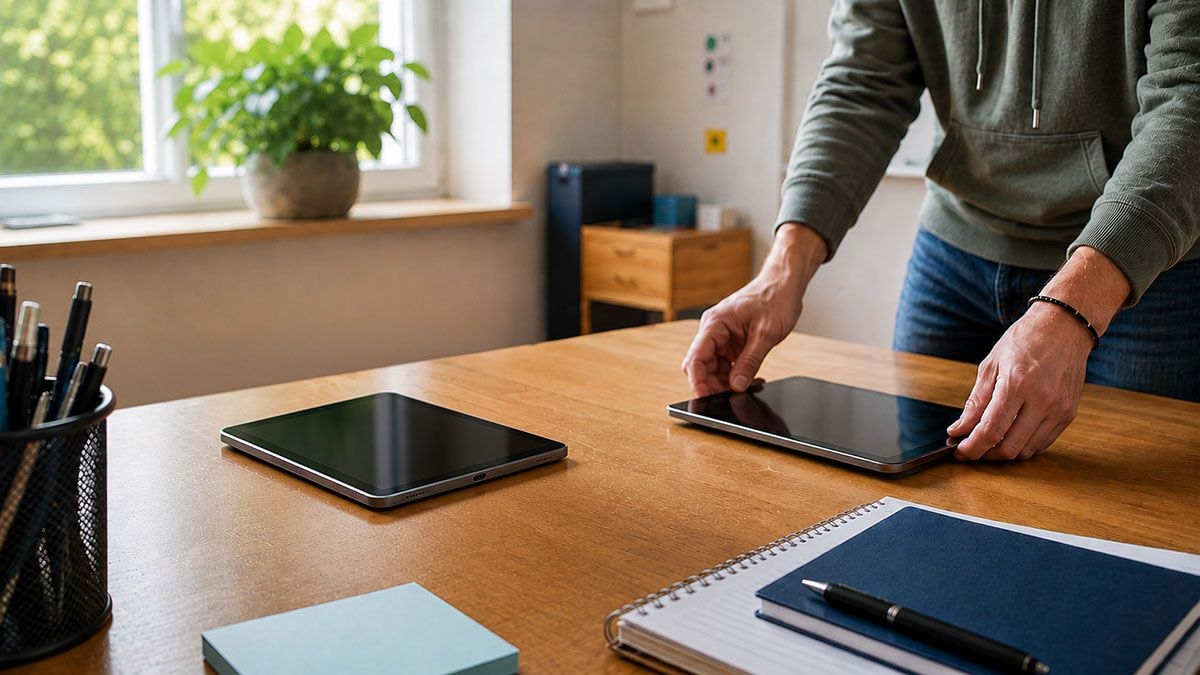 Ein Lehrer hält ein Tablet in der Hand. Auf seinem Schreibtisch liegt ein weiteres Tablet sowie ein Notizbuch.