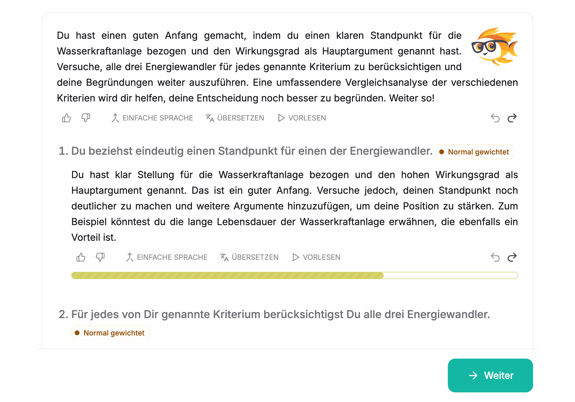 Ein Screenshot von FelloFish. Es ist eine Auswertung des Programms mit Hilfen und Feedback zu sehen.