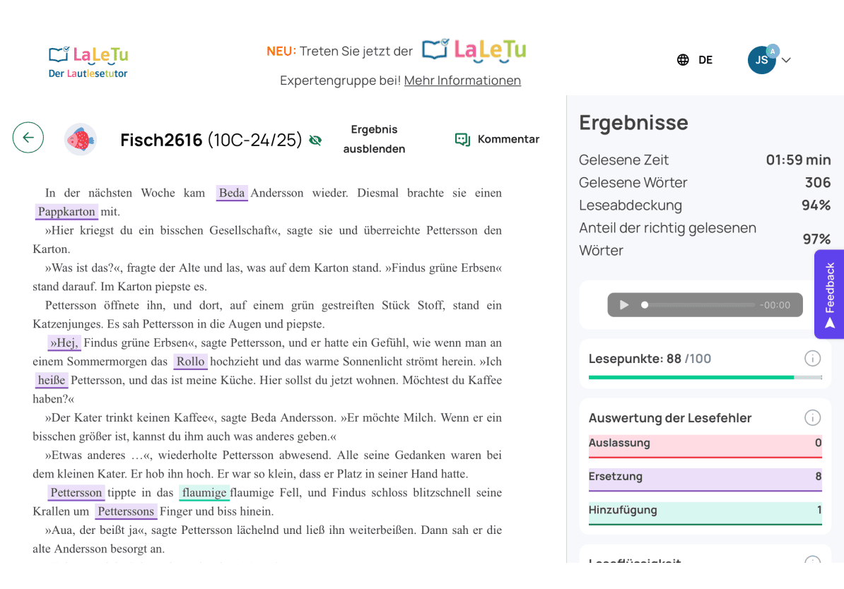 Ein Screenshot von LaLeTu. Es ist ein Text zu sehen, in dem einzelne Wörter markiert sind, sowie eine Spalte mit Ergebnissen.
