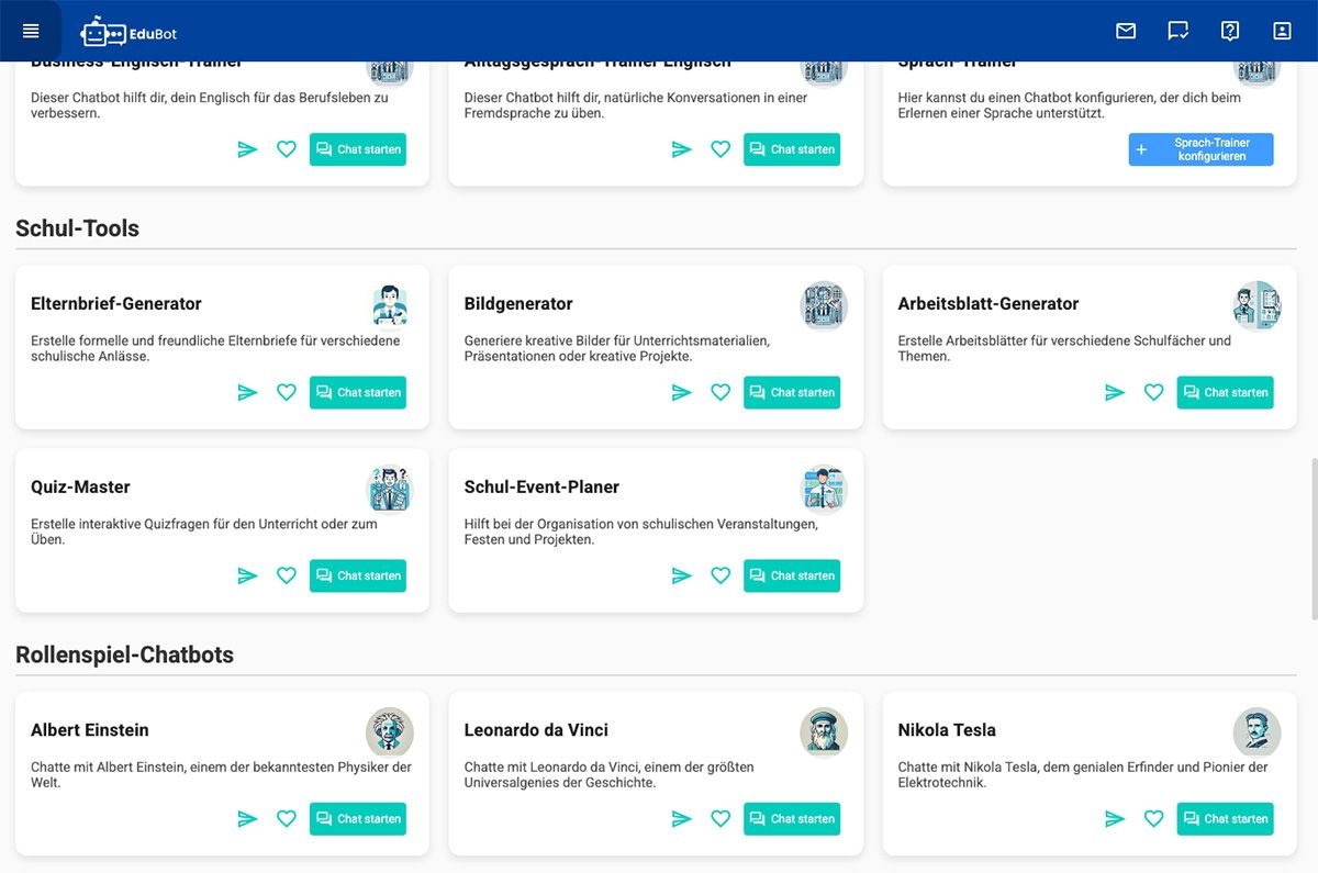 Ein Screenshot von EduBot. In einer Übersicht stehen verschiedene Chatbots zur Verfügung, die man auswählen kann.