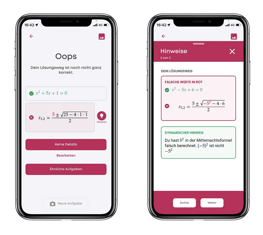 Zwei Smartphones. Auf dem linken ist ein eingescannter Rechenweg zu sehen, der von der App als falsch bewertet wurde. Rechts gibt die App einen dynamischen Hinweis zum Rechenweg.