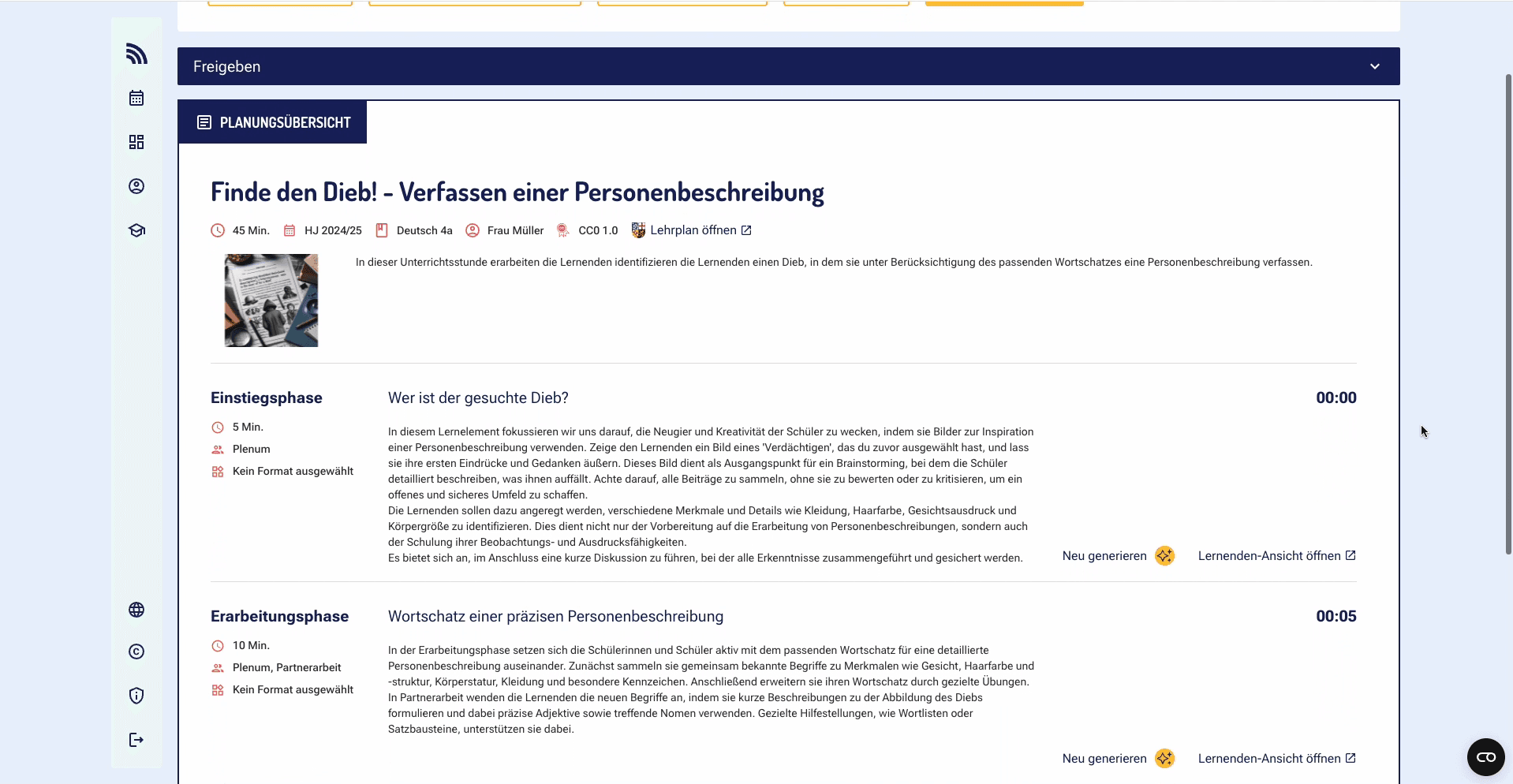 Ein Screenshot von School to go. Zu sehen ist ein Verlaufsplan einer fertigen Schulstunde, die mit KI generiert wurde.
